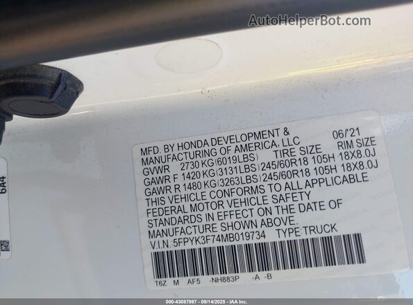 5FPYK3F74MB019734 2021 HONDA RIDGELINE Белый Вид подкапотного пространства