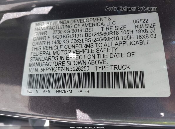 5FPYK3F74NB026250 2022 HONDA RIDGELINE Серый Вид подкапотного пространства