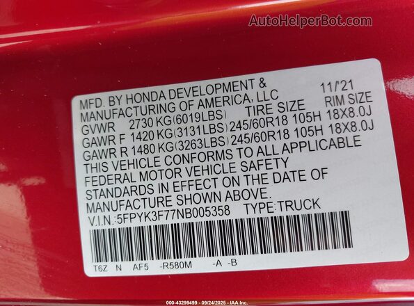5FPYK3F77NB005358 2022 HONDA RIDGELINE Red 