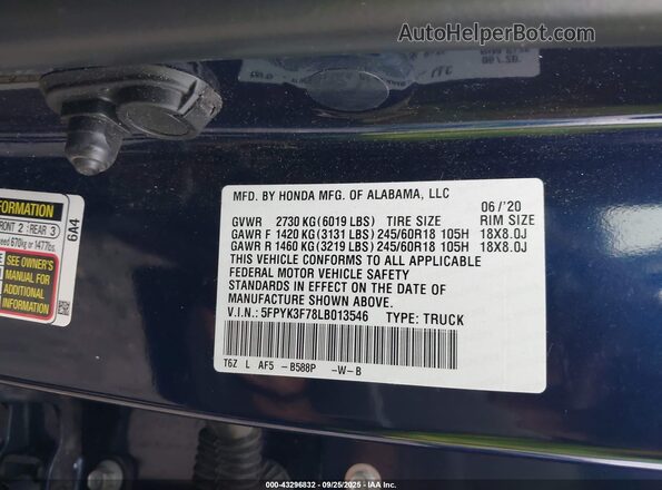 5FPYK3F78LB013546 2020 HONDA RIDGELINE Blue ძრავის განყოფილების ხედი