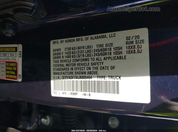 5FPYK3F7XLB005464 2020 HONDA RIDGELINE Blue Vista del compartimento del motor