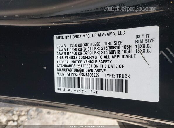 5FPYK3F85JB002929 2018 HONDA RIDGELINE Black Вид підкапотного простору