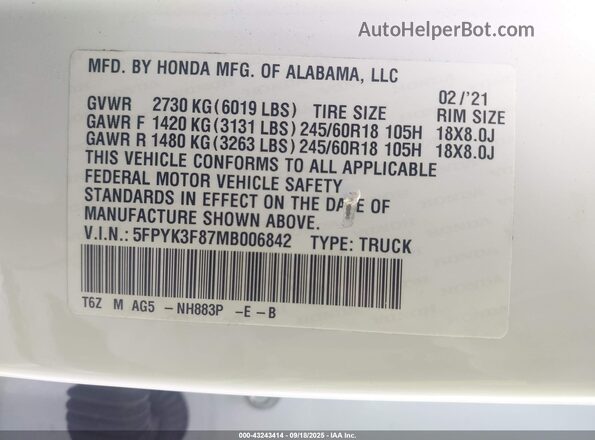 5FPYK3F87MB006842 2021 HONDA RIDGELINE Белый Вид подкапотного пространства