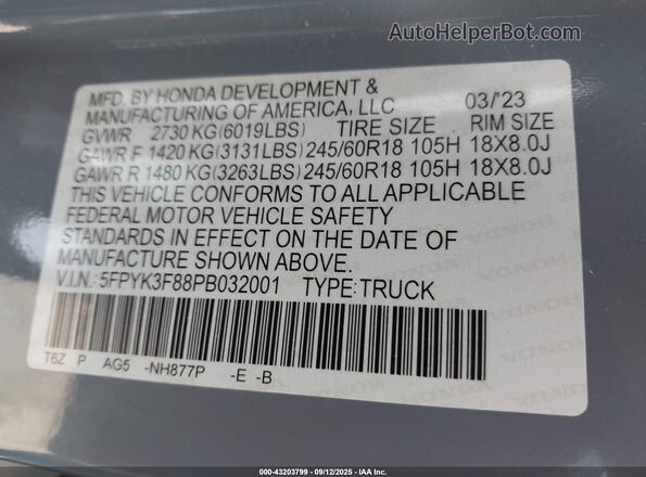 5FPYK3F88PB032001 2023 HONDA RIDGELINE Gray Widok komory silnika
