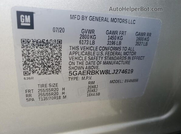 5GAERBKW8LJ274619 2020 BUICK ENCLAVE Silver VIN sticker view