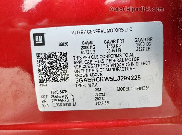 5GAERCKW5LJ299225 2020 BUICK ENCLAVE Red 360 interior view