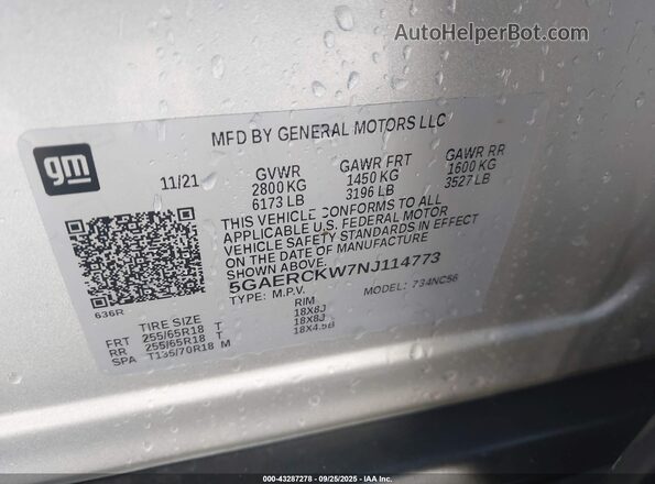 5GAERCKW7NJ114773 2022 BUICK ENCLAVE Silver Вид підкапотного простору