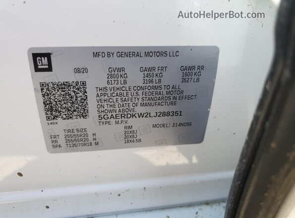 5GAERDKW2LJ288351 2020 BUICK ENCLAVE White 360 interior view