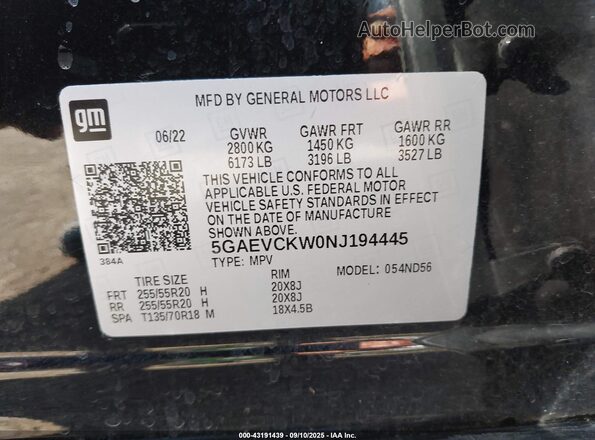 5GAEVCKW0NJ194445 2022 BUICK ENCLAVE Black 