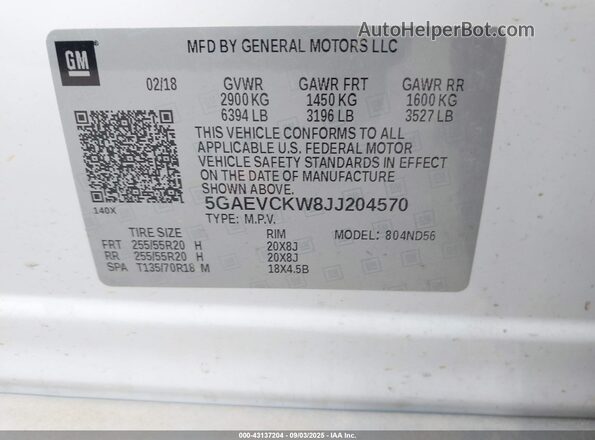 5GAEVCKW8JJ204570 2018 BUICK ENCLAVE Белый 