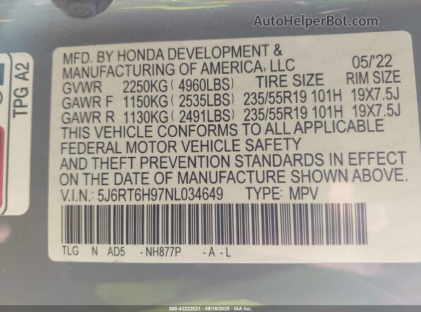 5J6RT6H97NL034649 2022 HONDA CR-V HYBRID Gray 
