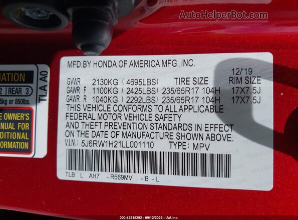 5J6RW1H21LL001110 2020 HONDA CR-V Red ძრავის განყოფილების ხედი