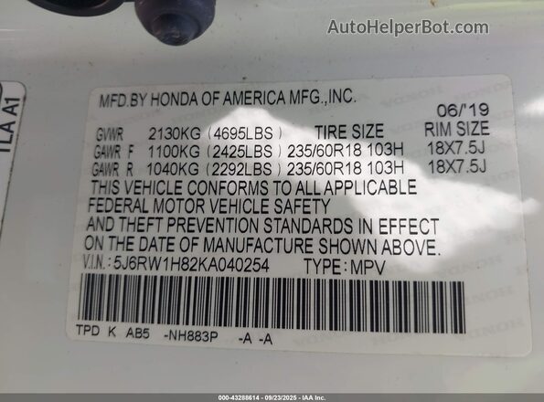 5J6RW1H82KA040254 2019 HONDA CR-V White Vista del compartimento del motor