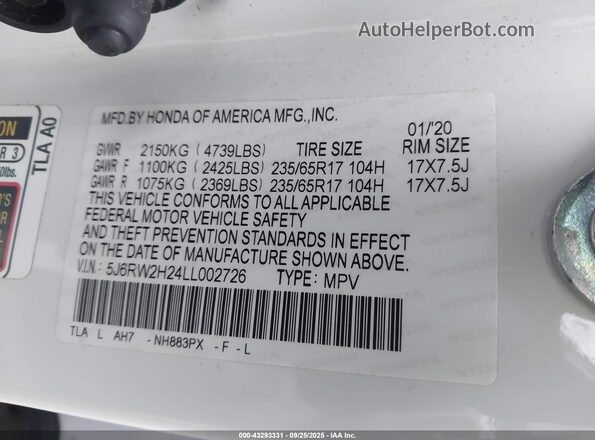 5J6RW2H24LL002726 2020 HONDA CR-V White ძრავის განყოფილების ხედი