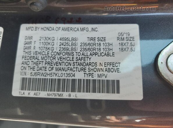 5J6RW2H57KL013504 2019 HONDA CR-V Серый Вид наклейки с VIN-кодом