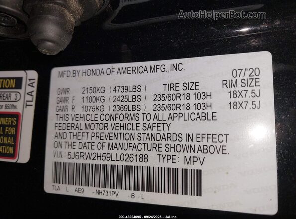 5J6RW2H59LL026188 2020 HONDA CR-V Black Շարժիչի բաժամունքի տեսք