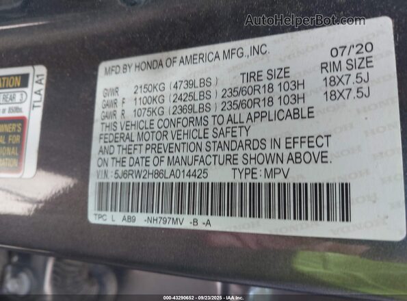 5J6RW2H86LA014425 2020 HONDA CR-V Gray Engine compartment view