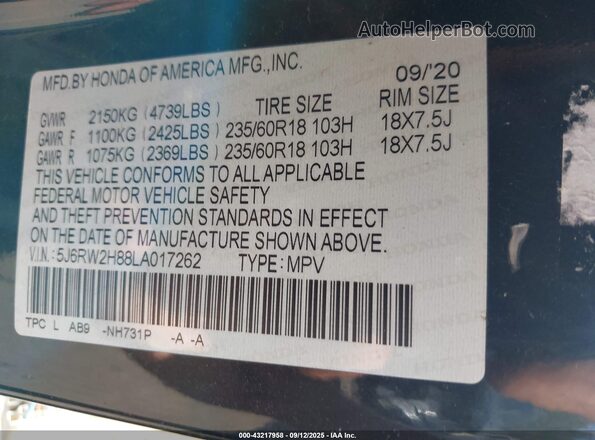 5J6RW2H88LA017262 2020 HONDA CR-V Черный Вид подкапотного пространства