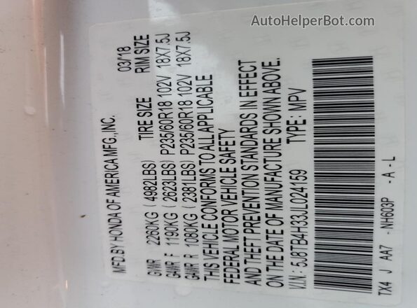 5J8TB4H33JL024159 2018 ACURA RDX White 