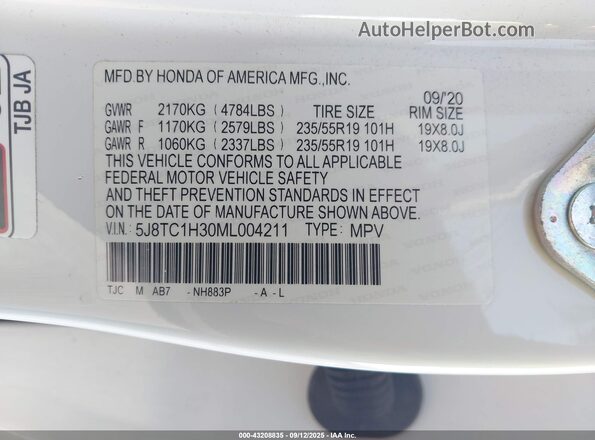 5J8TC1H30ML004211 2021 ACURA RDX White Vista del compartimento del motor