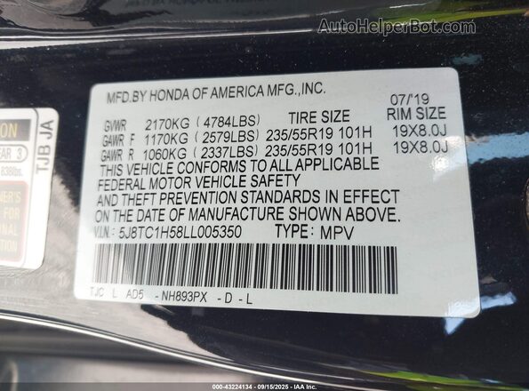 5J8TC1H58LL005350 2020 ACURA RDX Black Вид підкапотного простору