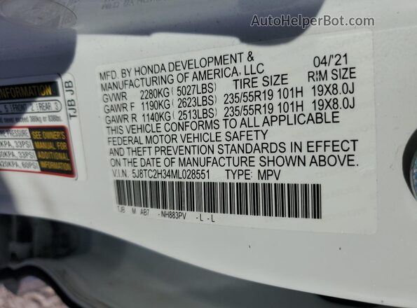 5J8TC2H34ML028551 2021 ACURA RDX White VIN sticker view