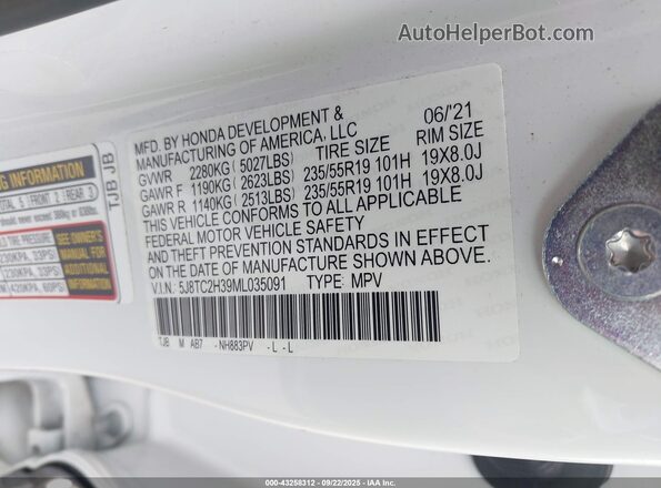 5J8TC2H39ML035091 2021 ACURA RDX White ძრავის განყოფილების ხედი