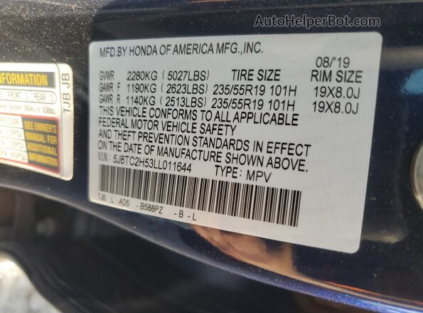5J8TC2H53LL011644 2020 ACURA RDX Blue Widok naklejki z numerem VIN