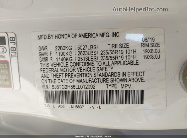 5J8TC2H56LL012092 2020 ACURA RDX White Շարժիչի բաժամունքի տեսք