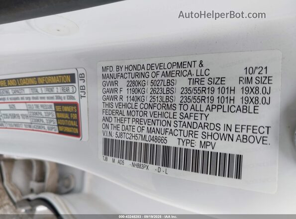 5J8TC2H57ML048665 2021 ACURA RDX White Vista del compartimento del motor
