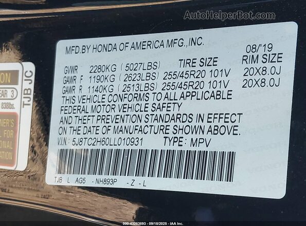 5J8TC2H60LL010931 2020 ACURA RDX Black Vista del compartimento del motor