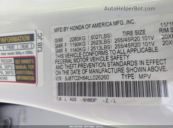 5J8TC2H64LL026260 2020 ACURA RDX White Vista del compartimento del motor