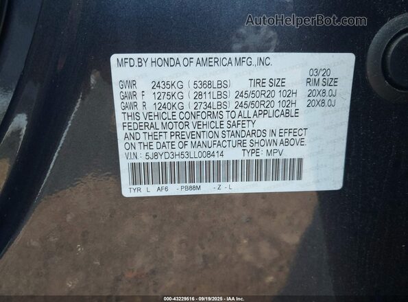 5J8YD3H53LL008414 2020 ACURA MDX Gray Widok komory silnika