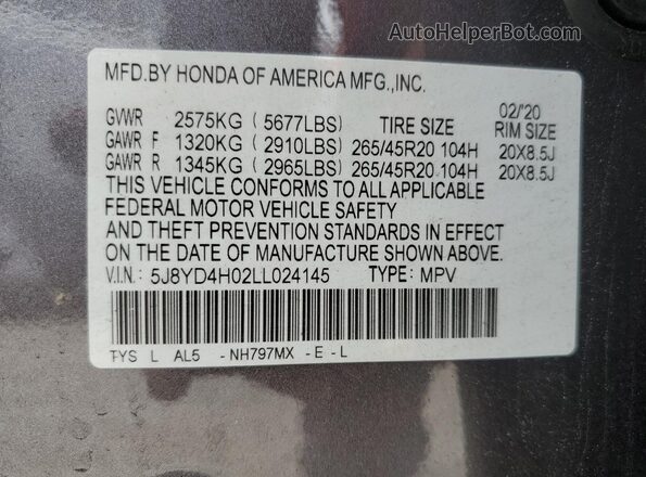 5J8YD4H02LL024145 2020 ACURA MDX Серый Вид подкапотного пространства