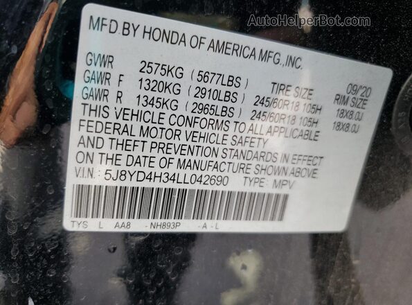 5J8YD4H34LL042690 2020 ACURA MDX Черный Вид наклейки с VIN-кодом