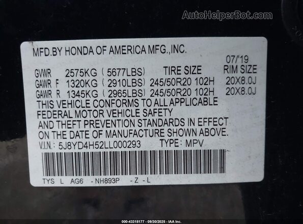 5J8YD4H52LL000293 2020 ACURA MDX Black Вид підкапотного простору
