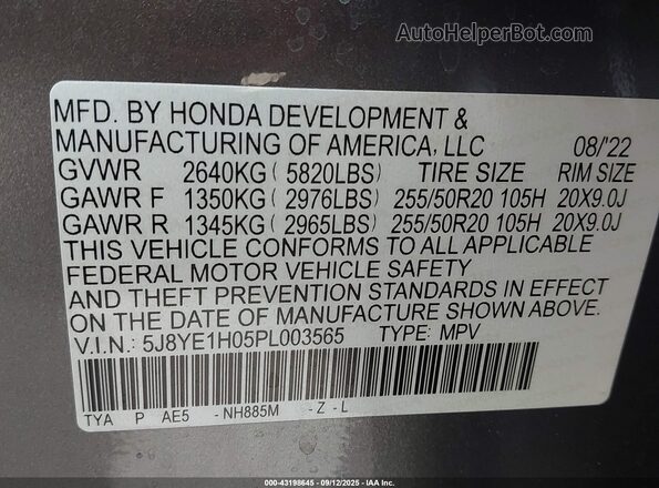 5J8YE1H05PL003565 2023 ACURA MDX Gray Vista del compartimento del motor