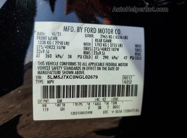 5LM5J7XC0NGL02679 2022 LINCOLN AVIATOR Black VIN sticker view