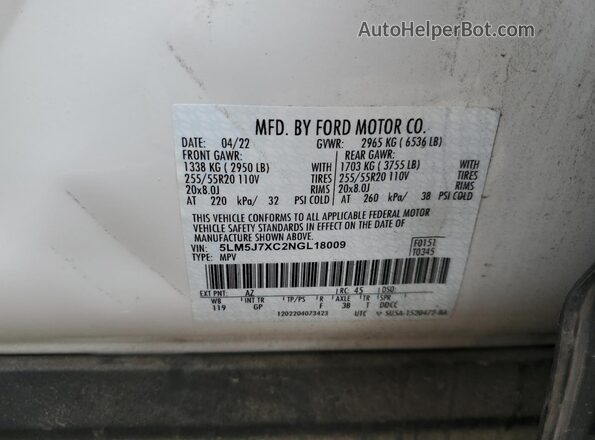 5LM5J7XC2NGL18009 2022 LINCOLN AVIATOR Белый 