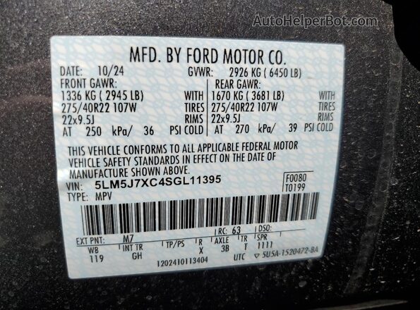 5LM5J7XC4SGL11395 2025 LINCOLN AVIATOR Charcoal VIN կոդի պիտակի տեսք