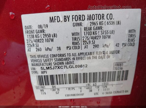 5LM5J7XC7LGL09612 2020 LINCOLN AVIATOR Red 