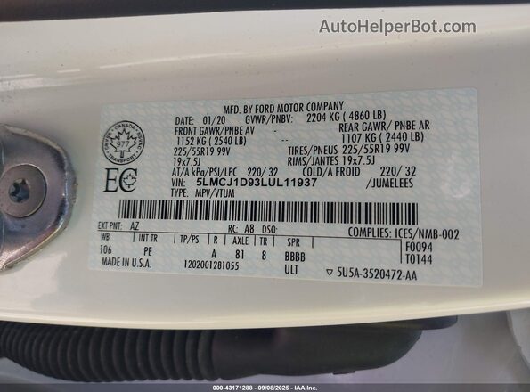 5LMCJ1D93LUL11937 2020 LINCOLN CORSAIR White Շարժիչի բաժամունքի տեսք