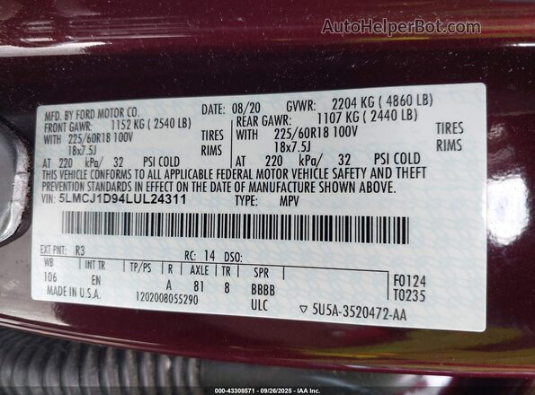 5LMCJ1D94LUL24311 2020 LINCOLN CORSAIR Красный Вид подкапотного пространства