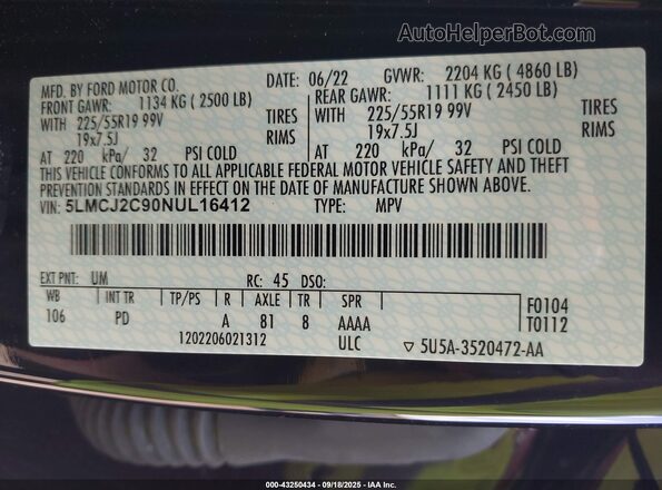 5LMCJ2C90NUL16412 2022 LINCOLN CORSAIR Black Вид підкапотного простору