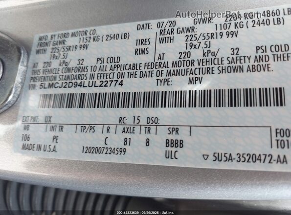 5LMCJ2D94LUL22774 2020 LINCOLN CORSAIR Silver Вид підкапотного простору
