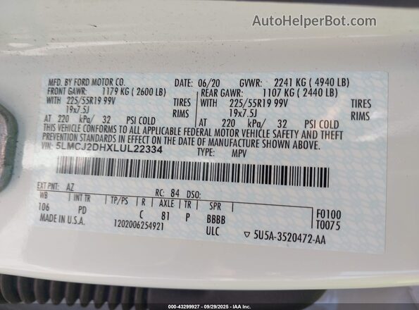 5LMCJ2DHXLUL22334 2020 LINCOLN CORSAIR White Вид підкапотного простору