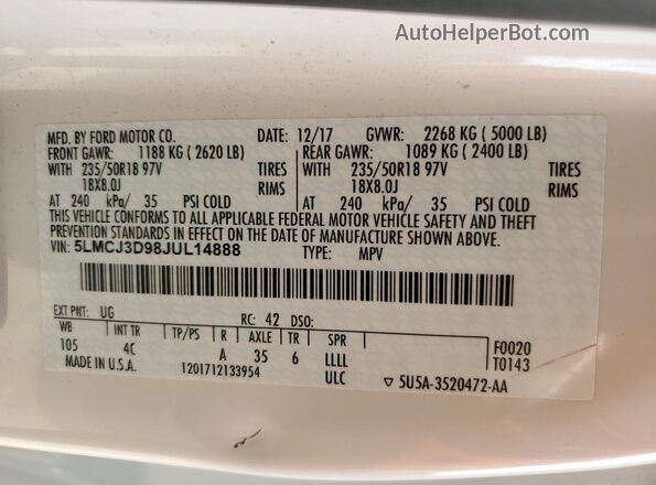 5LMCJ3D98JUL14888 2018 LINCOLN MKC White 