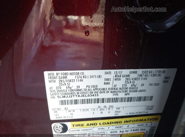 5LMJJ2TTXJEL03433 2018 LINCOLN NAVIGATOR Maroon Engine compartment view
