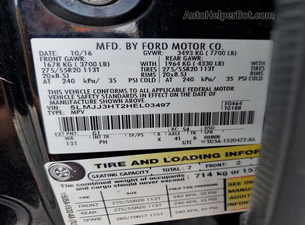 5LMJJ3HT2HEL03497 2017 LINCOLN NAVIGATOR Черный Вид наклейки с VIN-кодом