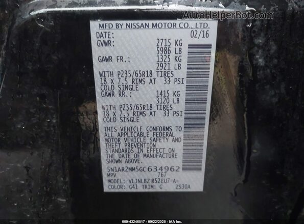 5N1AR2MM5GC634962 2016 NISSAN PATHFINDER Black Vista del compartimento del motor